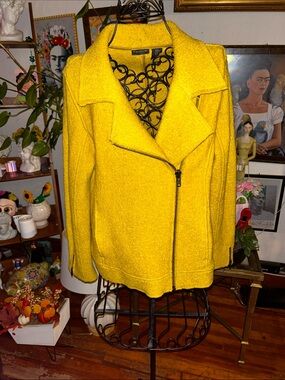 Tahari Bright Yellow Bouclé Bomber Jacket